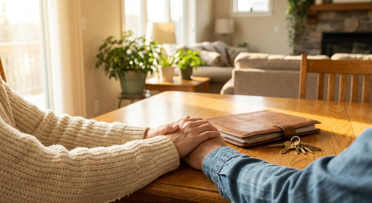 Photograph of common-law partners holding hands on a wooden table with house keys in a bright, cozy living room.
