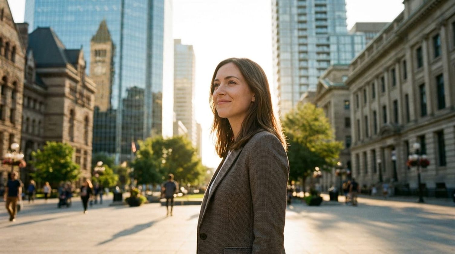 A smiling professional standing in a sunlit Canadian city plaza with historic and modern architecture.
