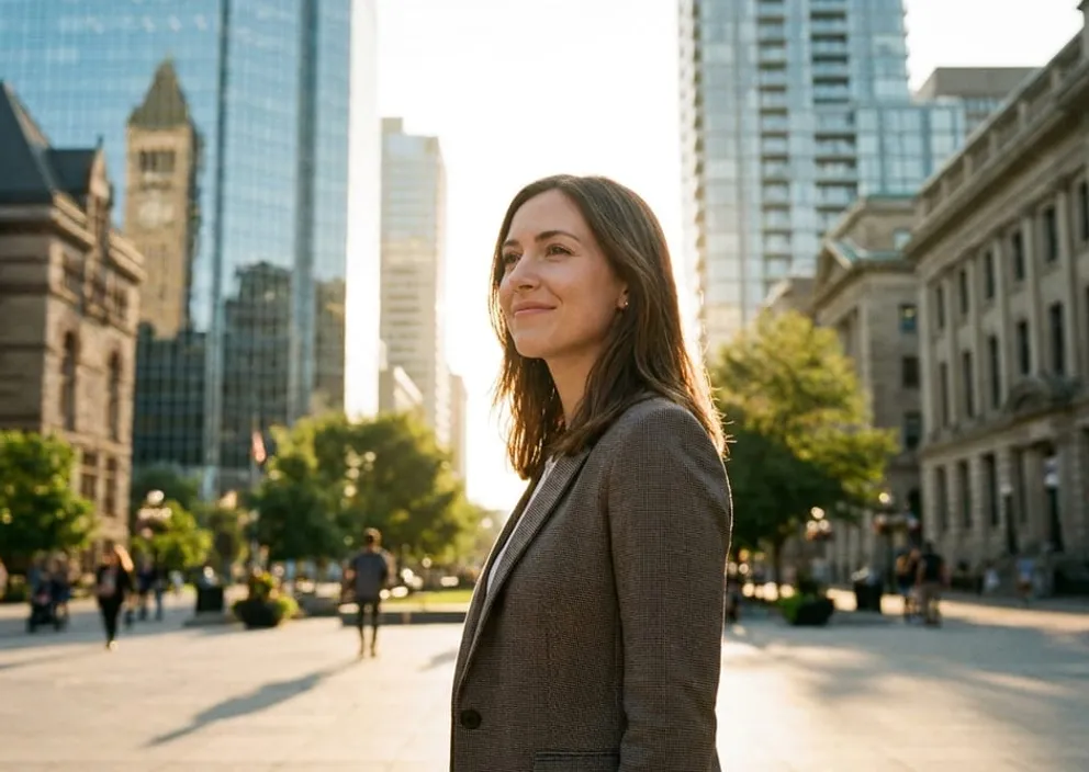 A smiling professional standing in a sunlit Canadian city plaza with historic and modern architecture.