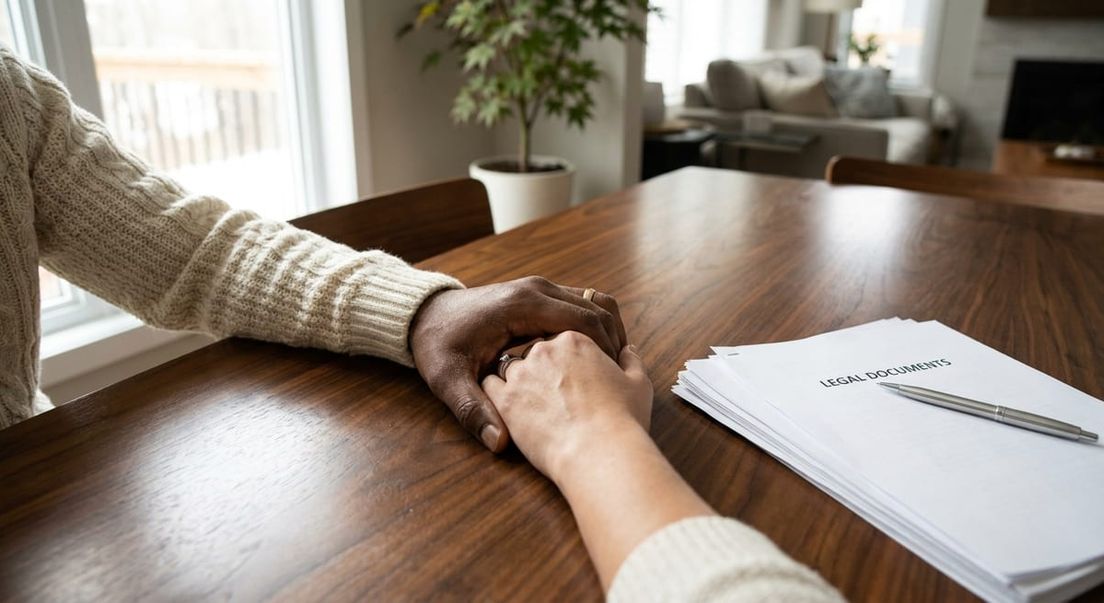 Photograph of a couple holding hands next to legal documents and a pen, symbolizing a Canada spousal sponsorship process.