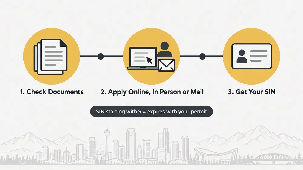 Infographic showing three steps to get a Canadian SIN: check documents, apply, and receive it.