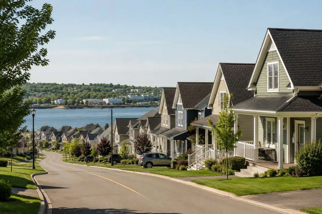 A row of modern houses along a residential street sloping down toward a wide river on a sunny day.
