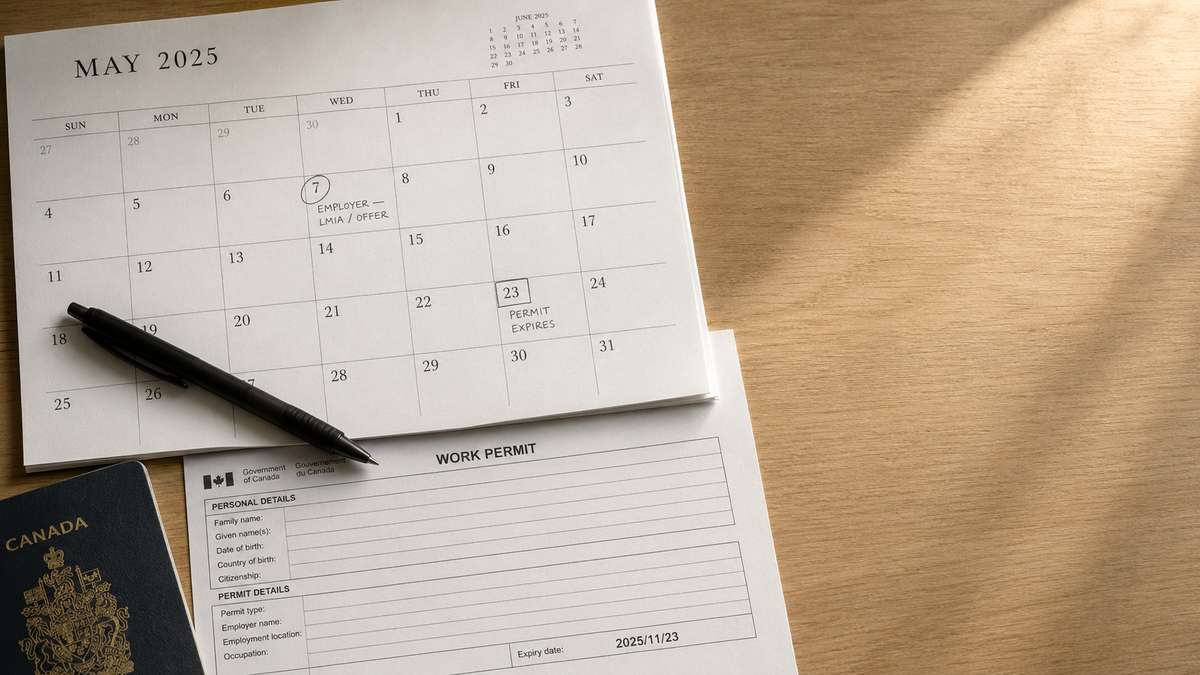 A calendar, pen, Canadian passport, and work permit form on a wooden desk.