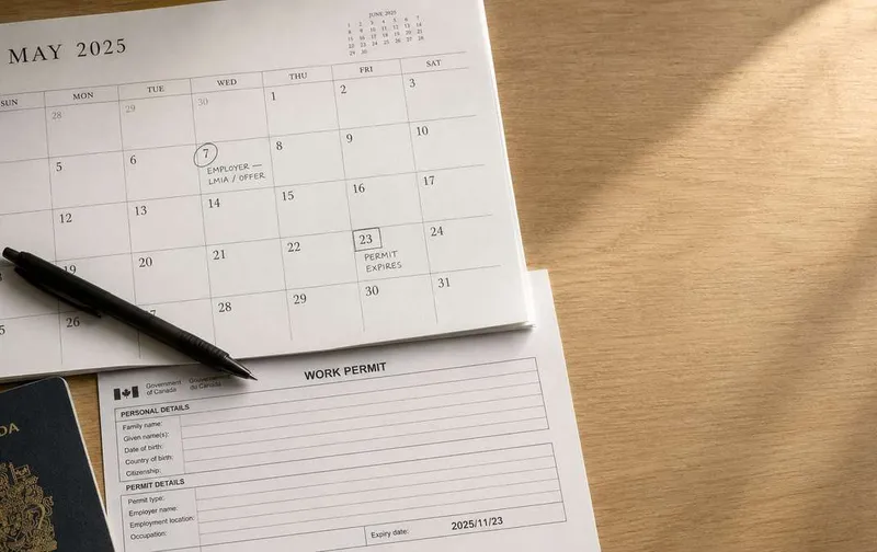 A calendar, pen, Canadian passport, and work permit form on a wooden desk.