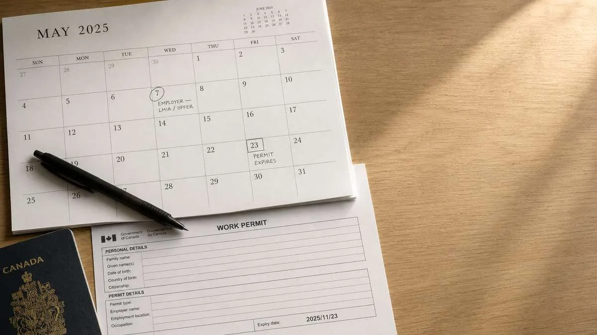 A calendar, pen, Canadian passport, and work permit form on a wooden desk.