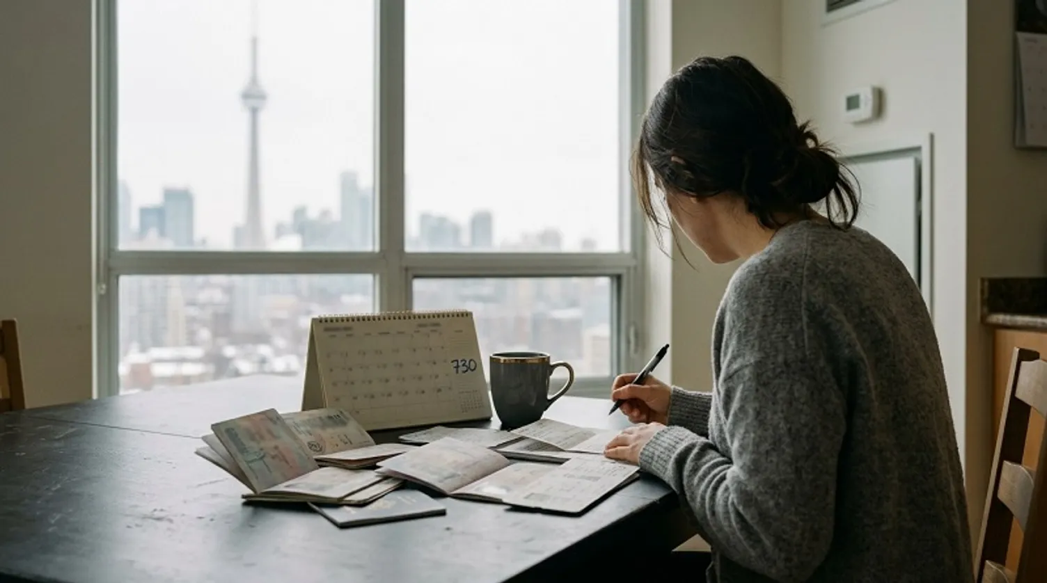 A woman writes at a table with open passports and a calendar by a window overlooking a city.