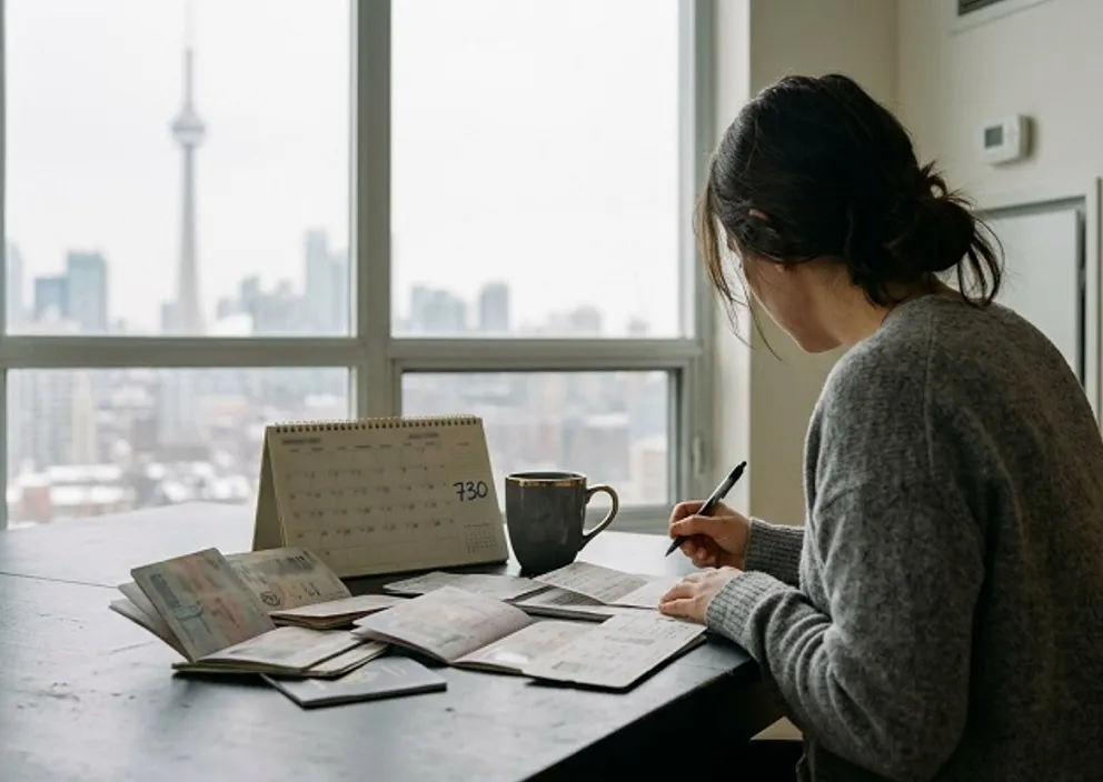 A woman writes at a table with open passports and a calendar by a window overlooking a city.