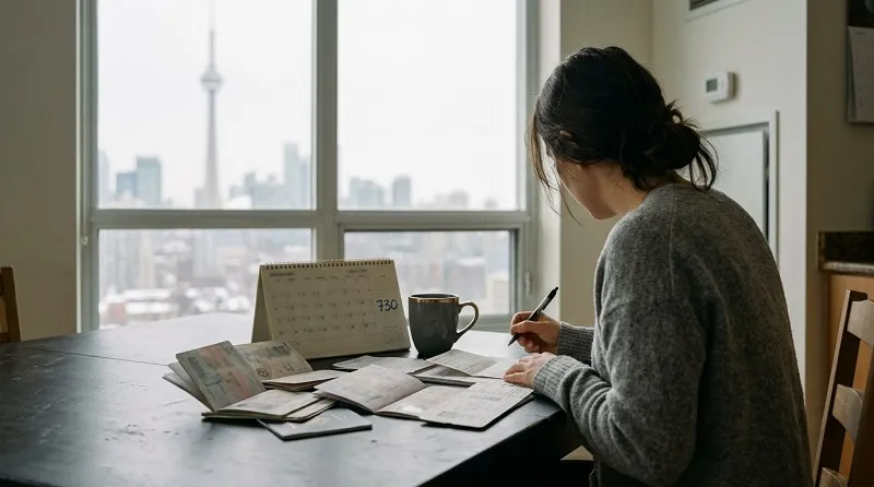 A woman writes at a table with open passports and a calendar by a window overlooking a city.