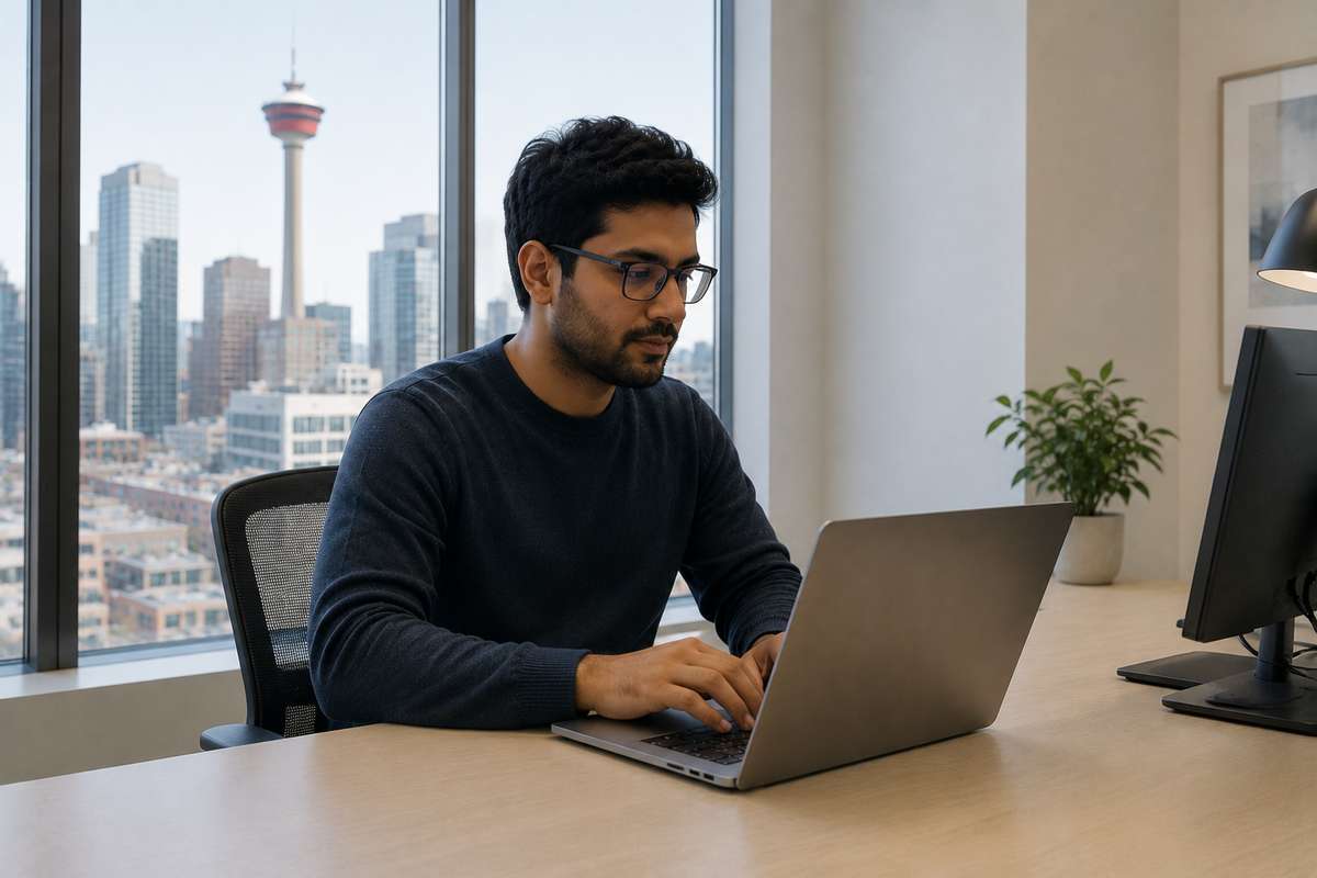 A man wearing glasses works on a laptop at a desk overlooking the Calgary city skyline.