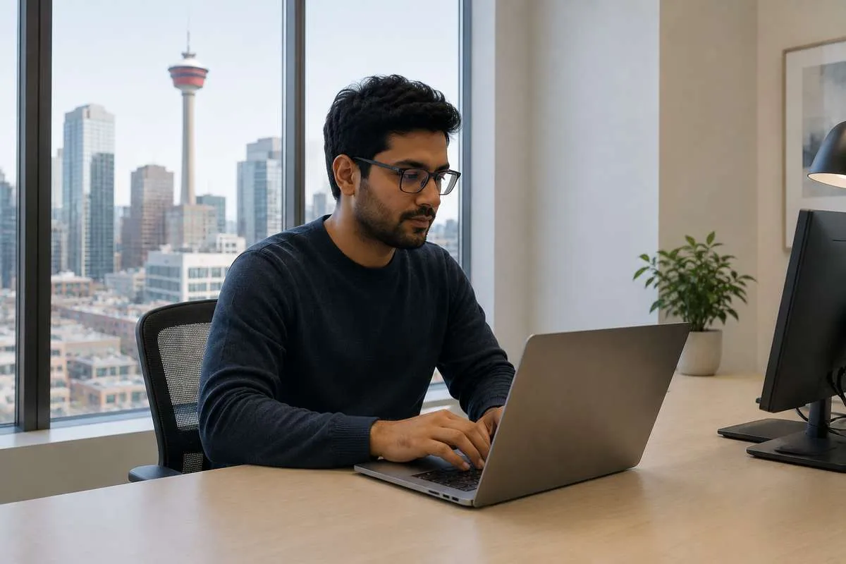 A man wearing glasses works on a laptop at a desk overlooking the Calgary city skyline.