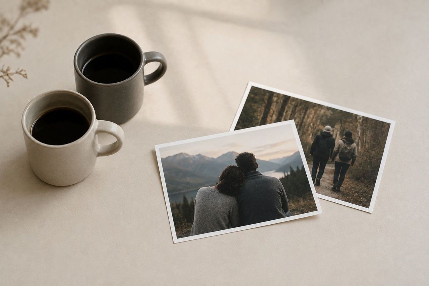 Two coffee mugs next to printed photos of a couple outdoors, resting on a neutral surface.