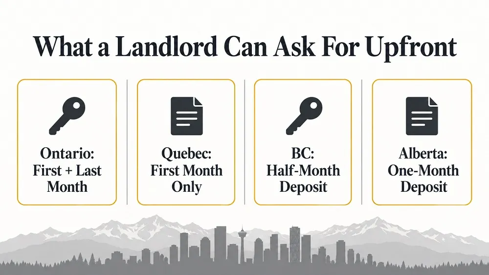 Infographic showing landlords’ upfront deposit rules in Ontario, Quebec, British Columbia, and Alberta.