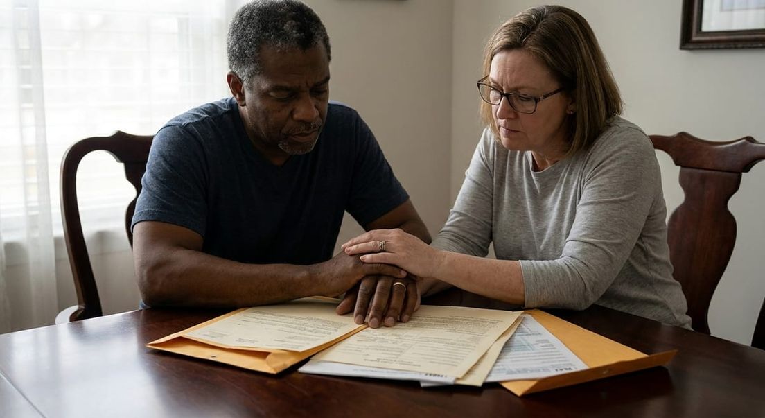 Photograph of a concerned couple holding hands over legal papers after their spousal sponsorship was refused.