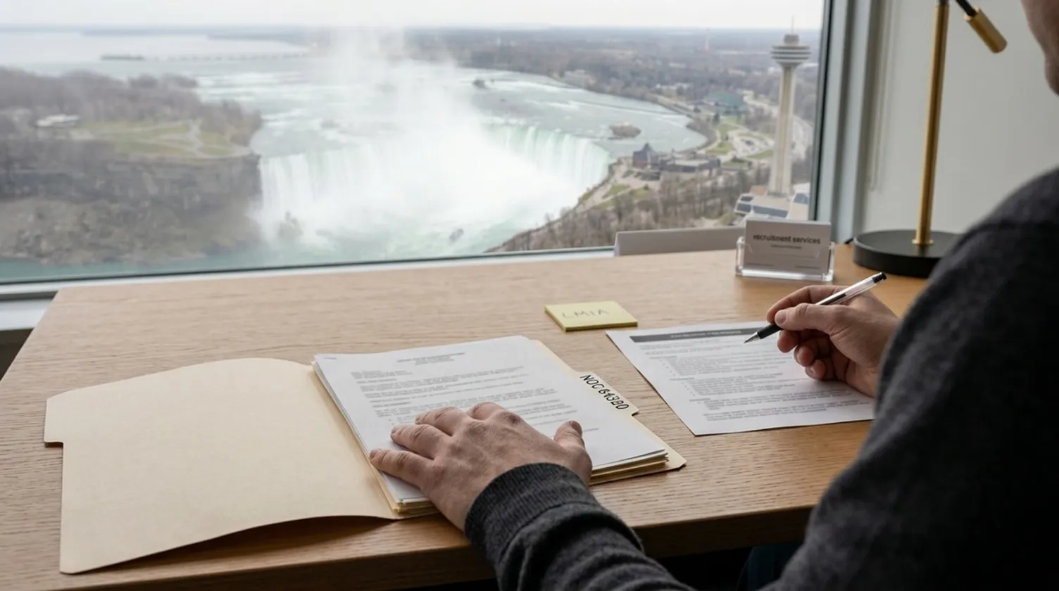 A person reviews documents at a desk overlooking Niagara Falls through a large window.
