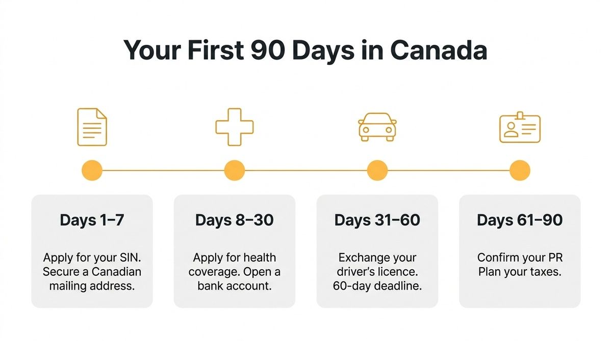 Timeline infographic outlining key settlement tasks during a newcomer's first 90 days in Canada.