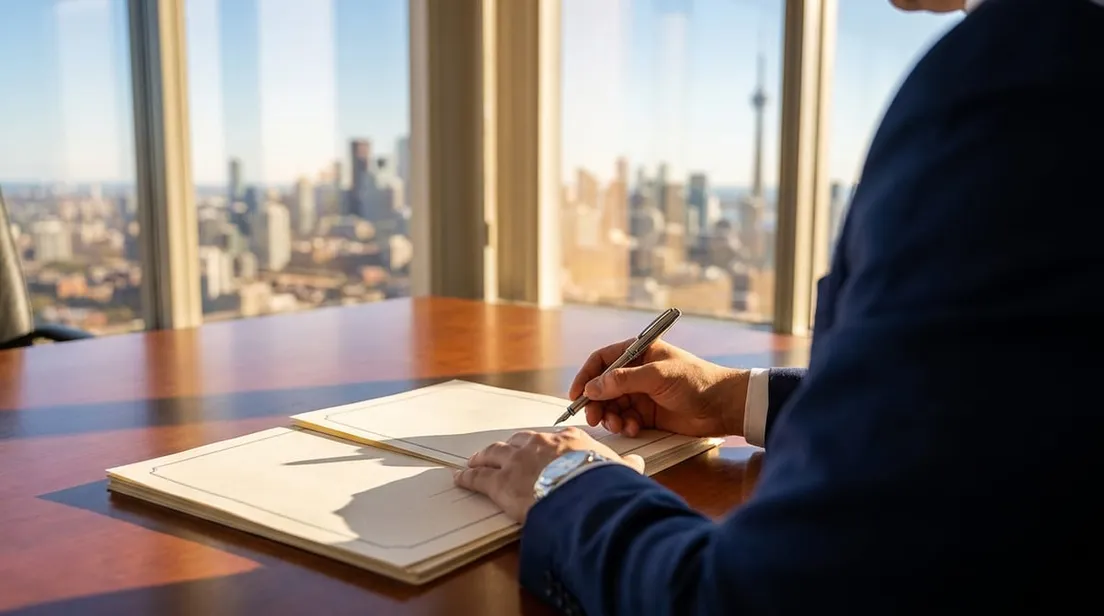 Professional reviewing official documents at a premium desk with a blurred Toronto skyline in the background.
