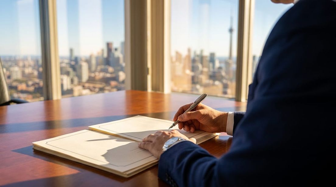 Professional reviewing official documents at a premium desk with a blurred Toronto skyline in the background.