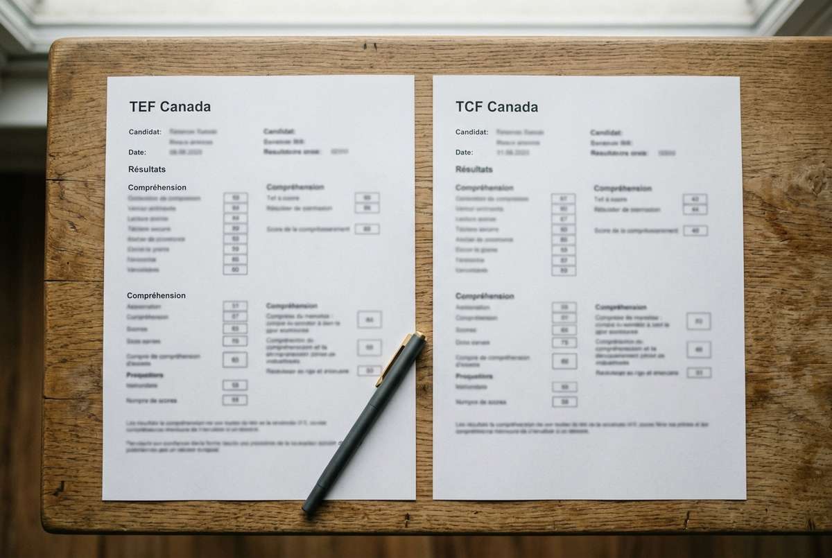 TEF Canada and TCF Canada test score sheets on a wooden desk with a pen.