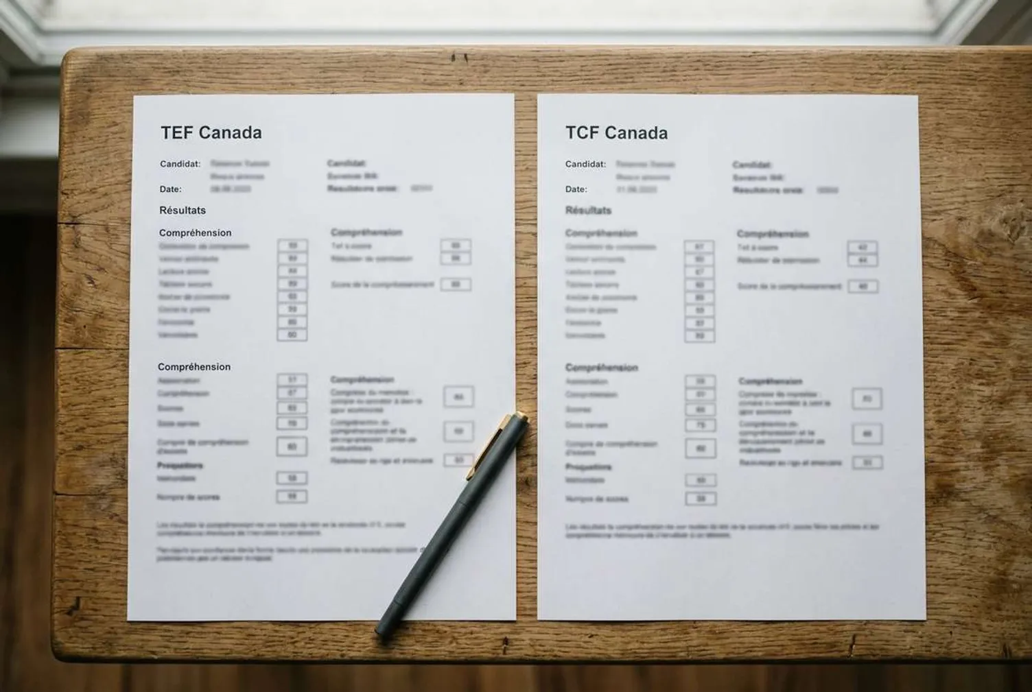 TEF Canada and TCF Canada test score sheets on a wooden desk with a pen.