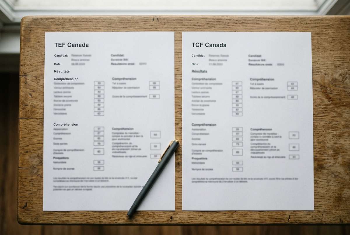 TEF Canada and TCF Canada test score sheets on a wooden desk with a pen.