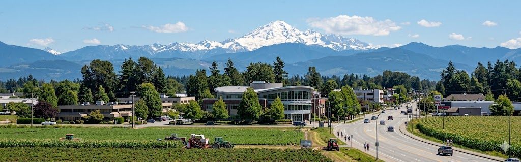 Abbotsford, British Columbia, showing green fields, roads, and a snow-capped mountain in the background.