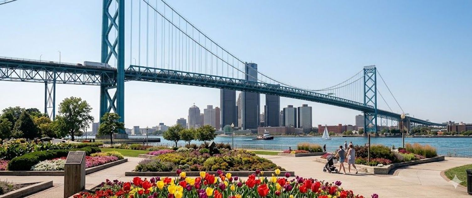Colorful tulips in a Windsor park with the Ambassador Bridge and Detroit skyline in the background.
