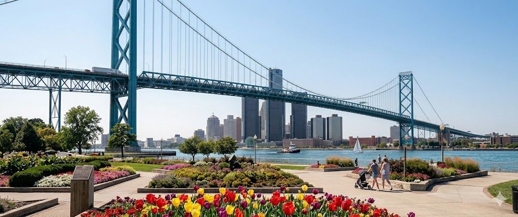 Colorful tulips in a Windsor park with the Ambassador Bridge and Detroit skyline in the background.
