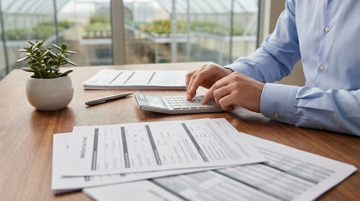 Hands using a calculator and reviewing application documents on a desk with an agricultural background.