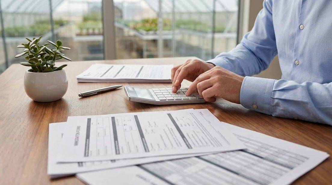 Hands using a calculator and reviewing application documents on a desk with an agricultural background.