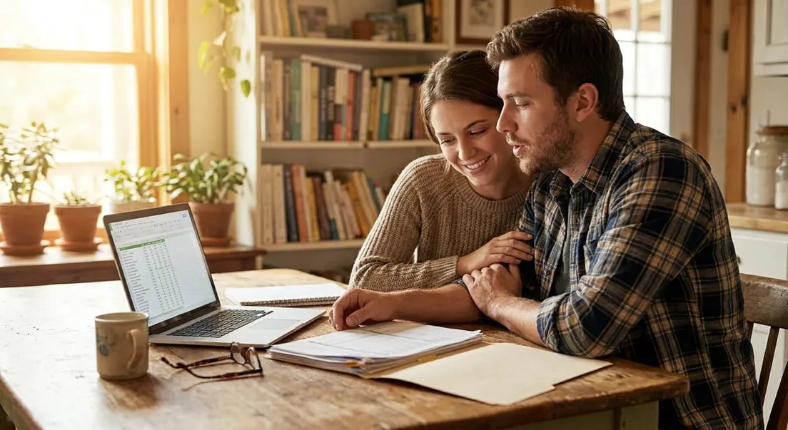 Photograph of a couple at a warmly lit wooden table with a laptop, preparing a successful procedural fairness response.