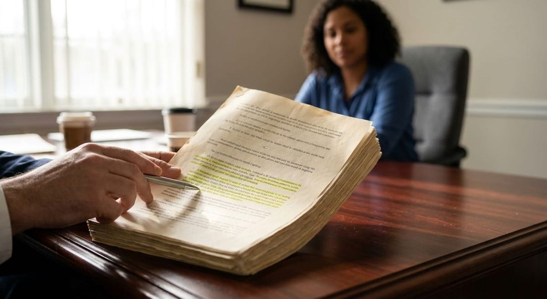 Photograph of hands pointing to highlighted text in a thick stack of legal documents for an application process review.