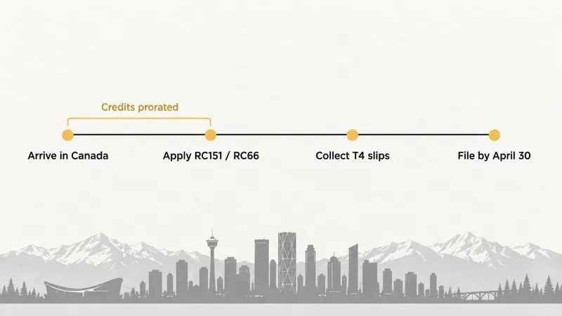 Timeline showing Canadian tax-return steps above a gray city skyline and mountains.
