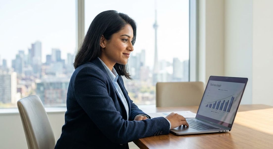 Photograph of a woman in a navy blazer using a laptop in an office, showcasing opportunities to work after studying.
