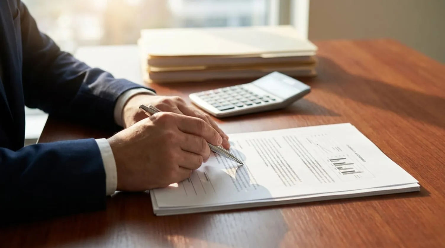 Hands holding a pen, reviewing a detailed document next to a calculator on a professional mahogany office desk.