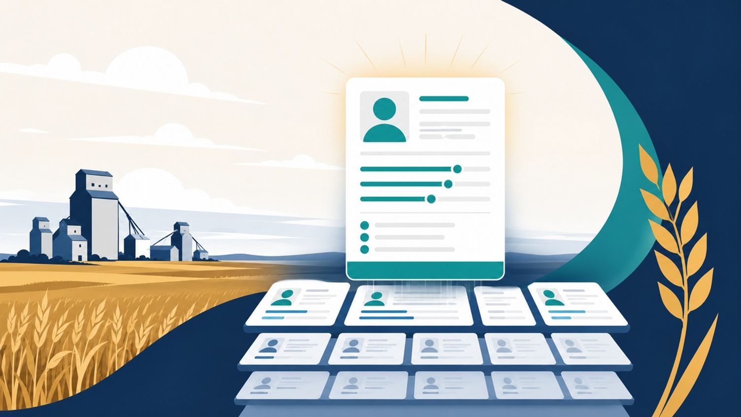 Illustration of a highlighted profile card above a grid of forms, set against a prairie wheat field.