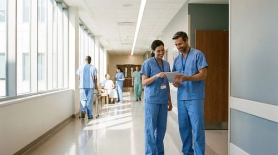 Healthcare professionals reviewing information in a modern hospital hallway
