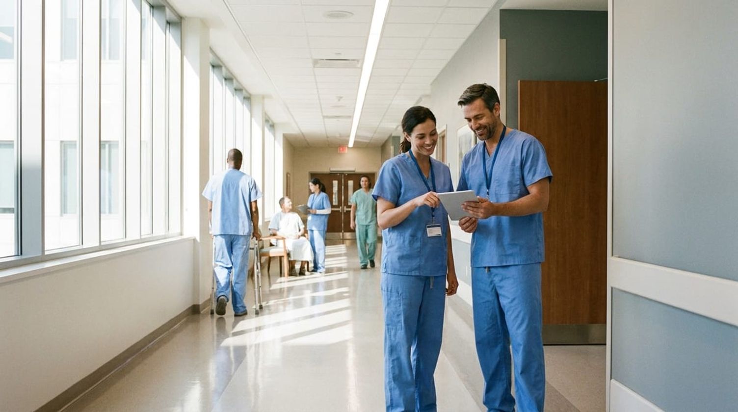 Healthcare professionals reviewing information in a modern hospital hallway