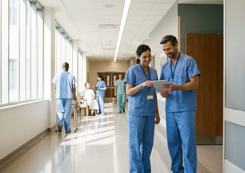 Healthcare professionals reviewing information in a modern hospital hallway