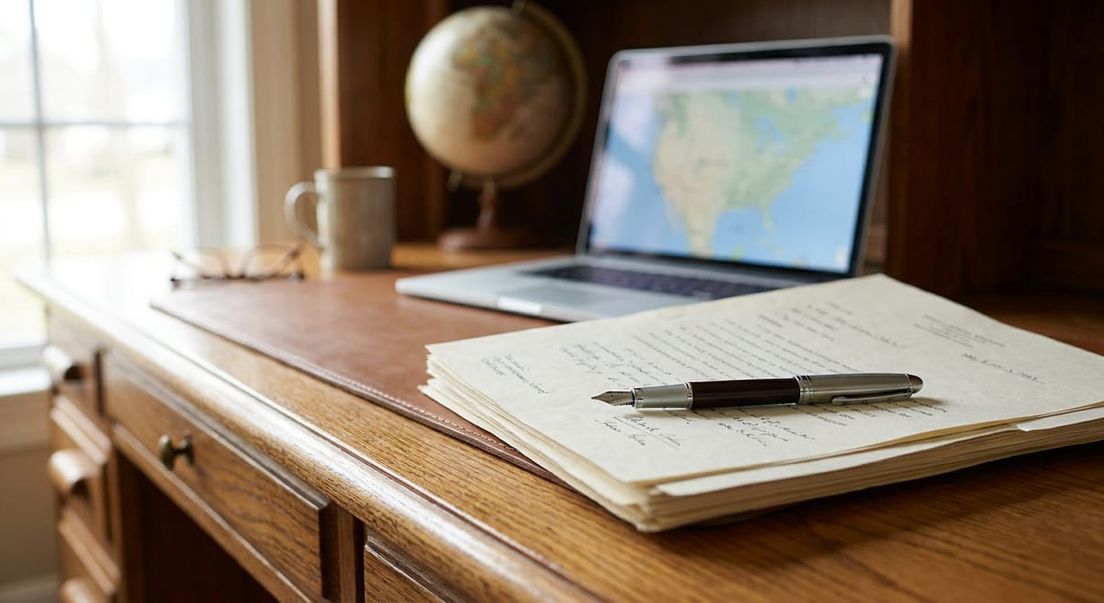 Photograph of a fountain pen on papers and a laptop on a wooden desk, depicting a PRRA submission workspace.