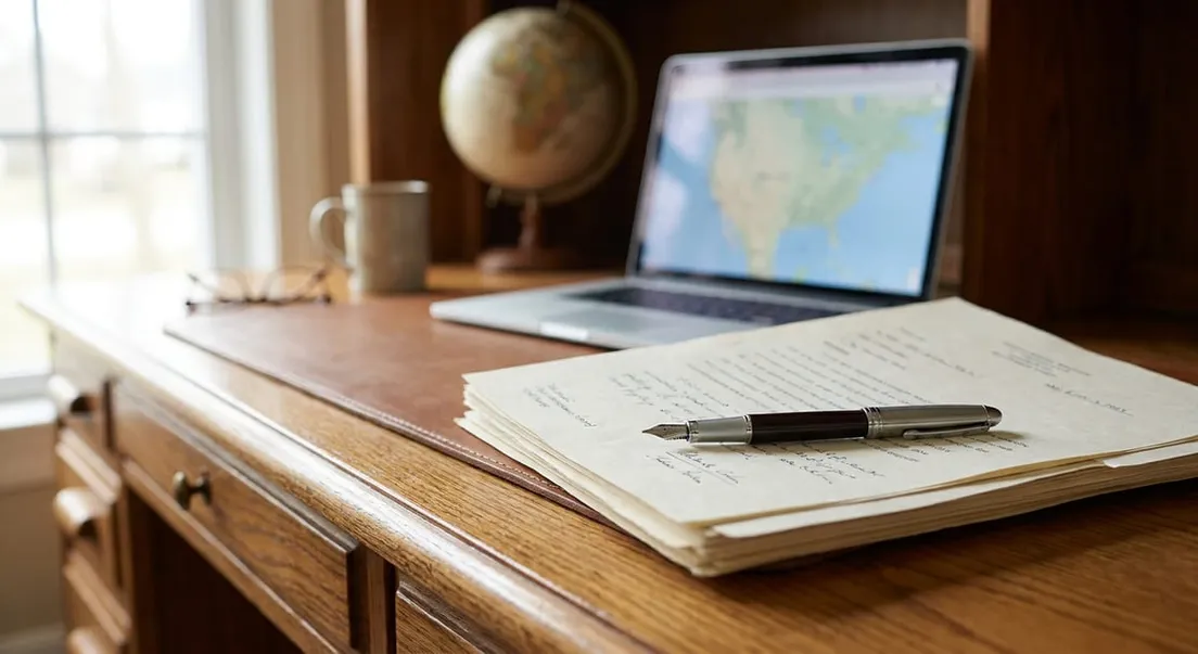 Photograph of a fountain pen on papers and a laptop on a wooden desk, depicting a PRRA submission workspace.