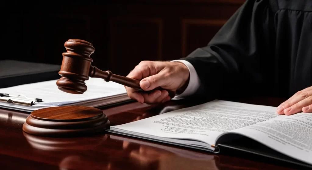 Judge with gavel reviewing legal documents related to refugee appeal process in Canada