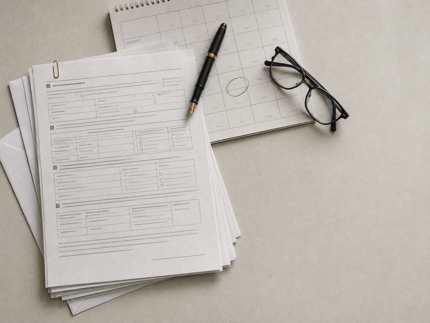 A stack of paper forms, a calendar planner, a pen, and eyeglasses on a desk.