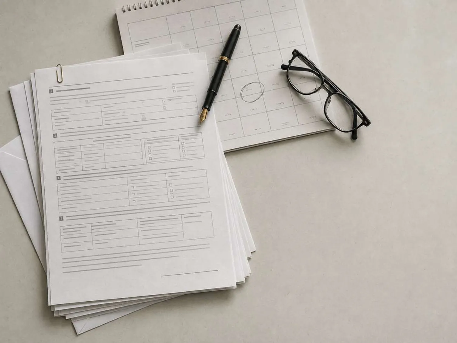 A stack of paper forms, a calendar planner, a pen, and eyeglasses on a desk.