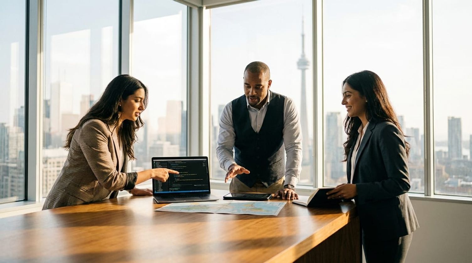 Diverse professionals collaborating in a sunlit modern Toronto office with a soft-focus city skyline background.