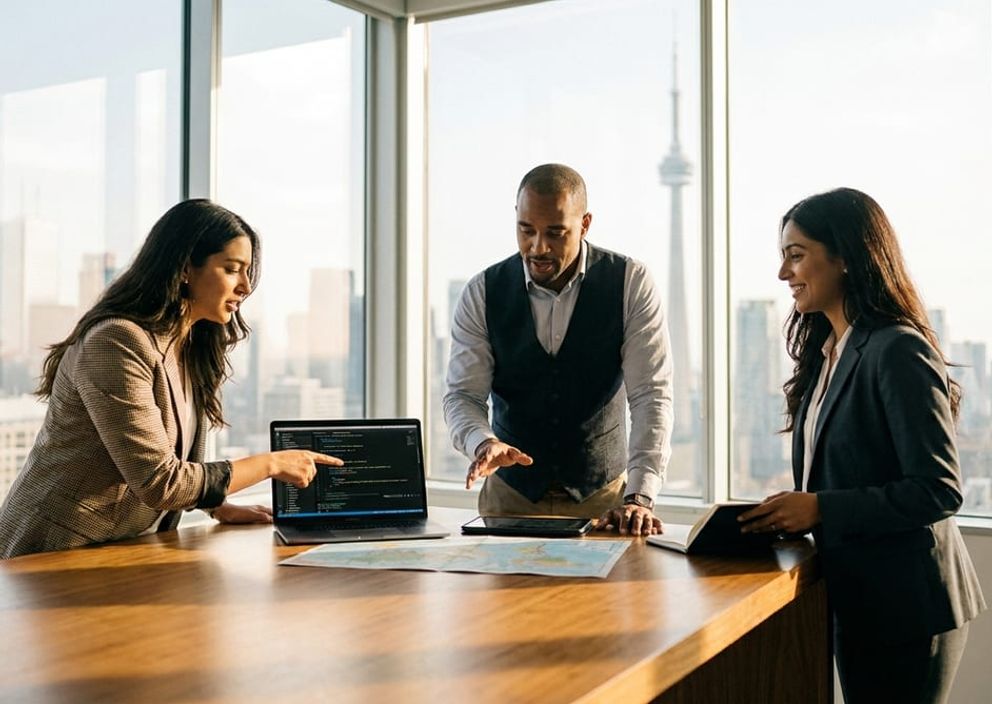 Diverse professionals collaborating in a sunlit modern Toronto office with a soft-focus city skyline background.
