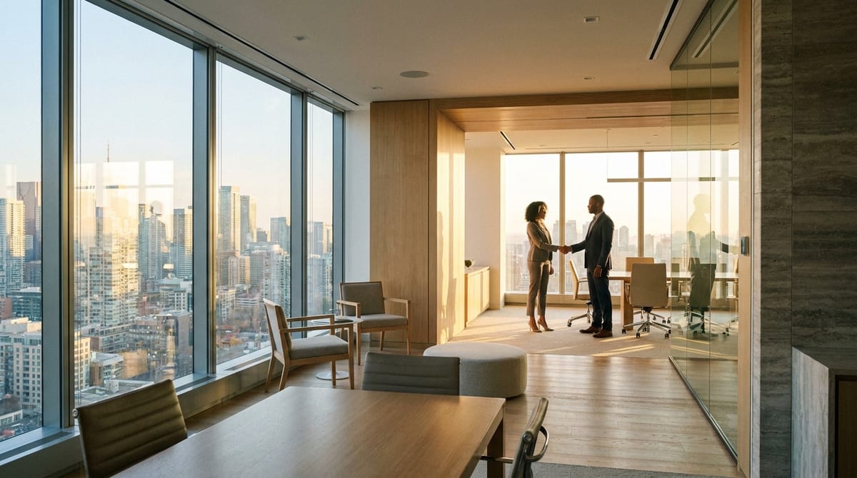 Two professionals shaking hands in a modern, sunlit Canadian office overlooking a city skyline at sunrise.