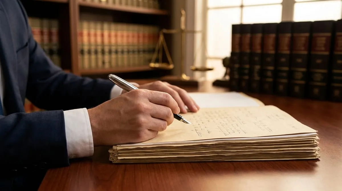 A legal professional's hands reviewing complex case files on a mahogany desk with law books in the background.