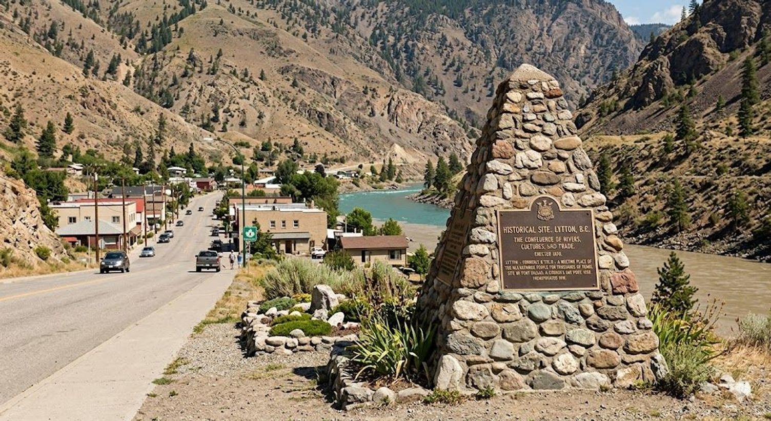 A stone monument in Lytton, British Columbia, overlooking a river flowing through a dry mountain valley.