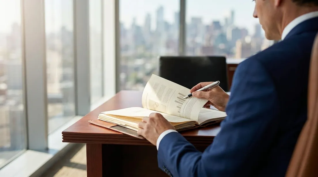 Business executive in a modern office reviewing official compliance documents on a premium wooden desk.