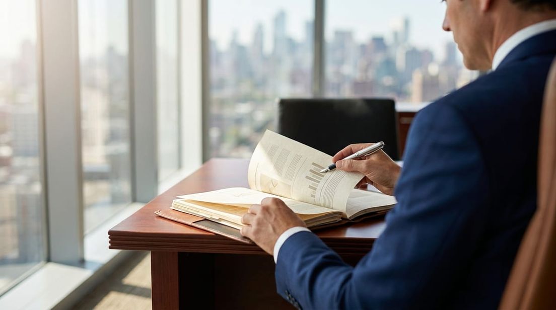 Business executive in a modern office reviewing official compliance documents on a premium wooden desk.